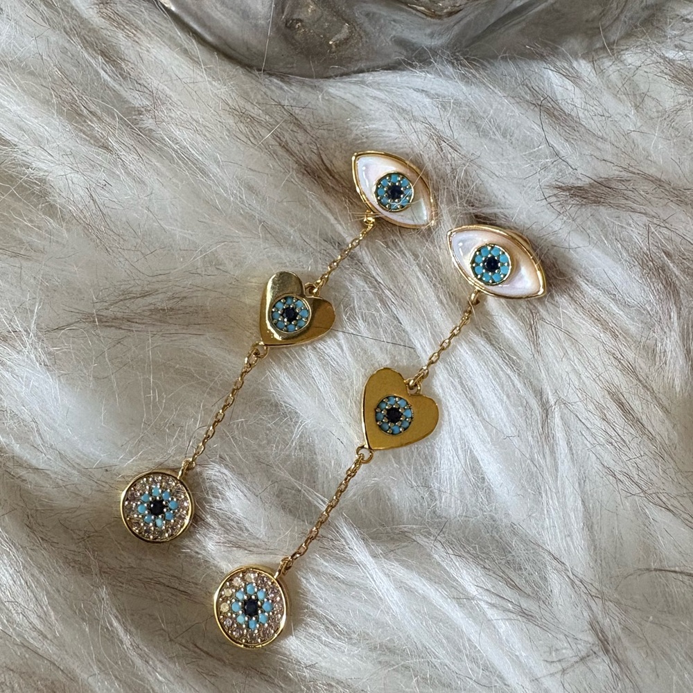 Kate Spade Elegant Gold, 3 Tier, Blue Eye Dangle Earrings with Crystal Details